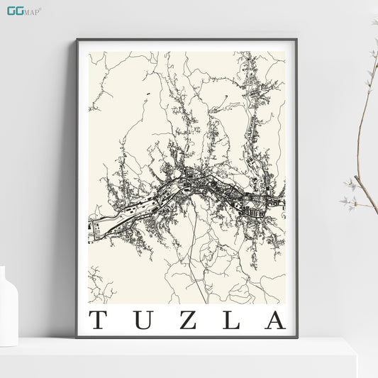 a black and white map of the city of tuzla