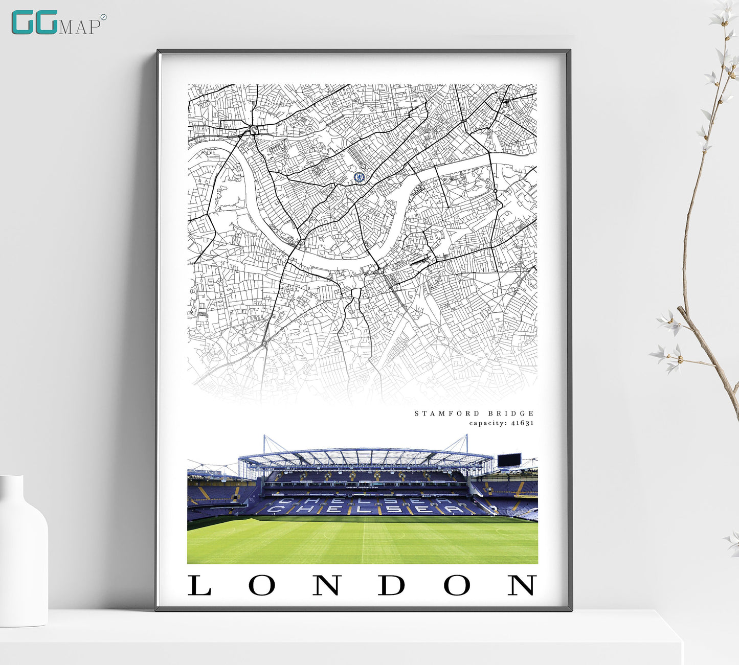 a map of london with a soccer stadium in the background