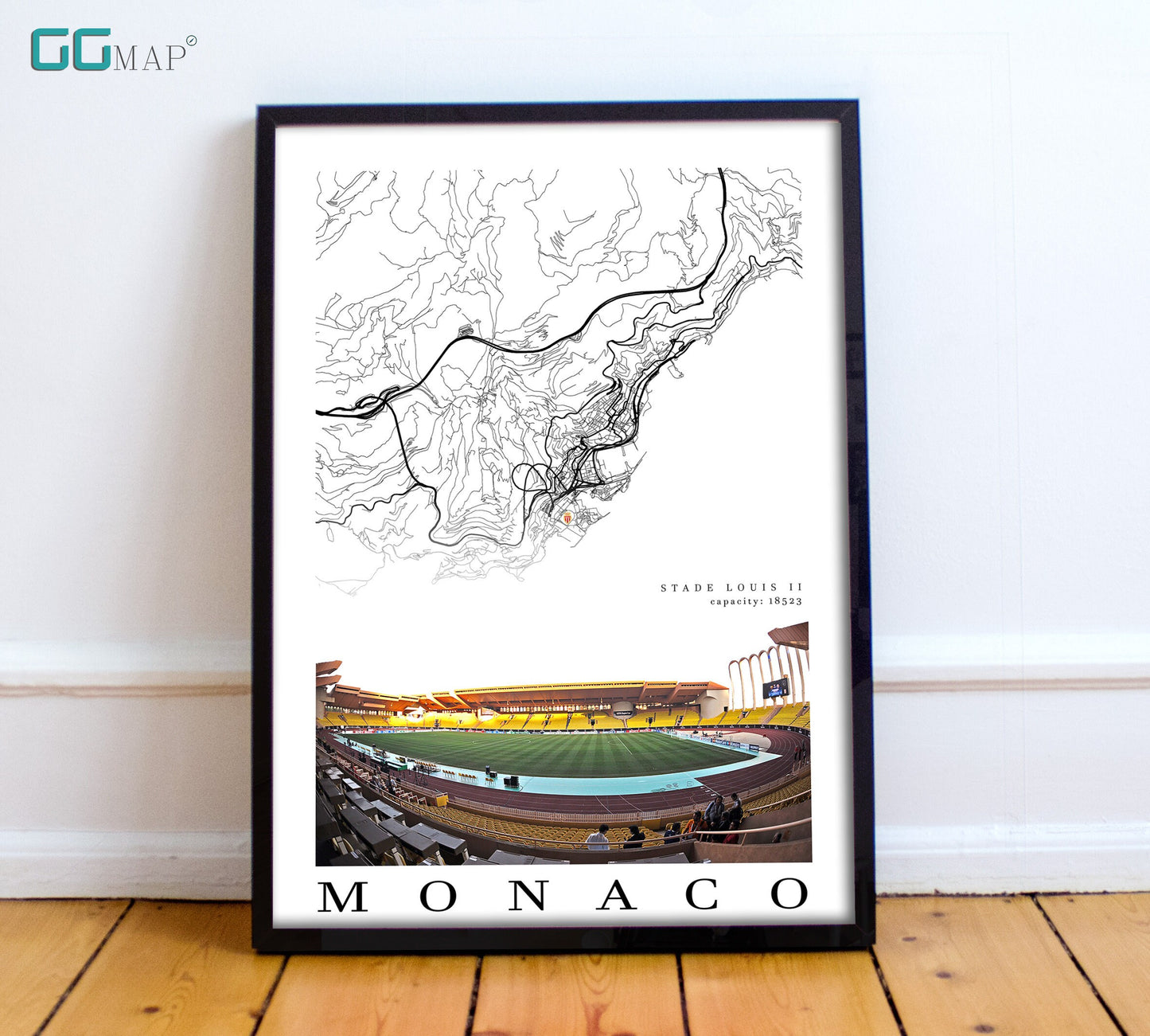 City map of MONACO - Stade Louis II - Home Decor Stade Louis II - Wall decor Stade Louis - Monaco gift - Print map