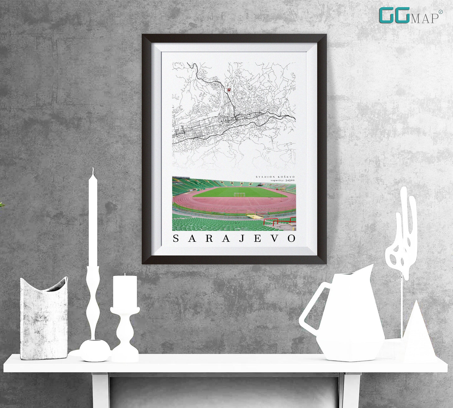 City map of SARAJEVO - Stadion Koševo - Home Decor Stadium Koševo - Wall decor Stadium Koševo - Stadium Koševo gift - Print map