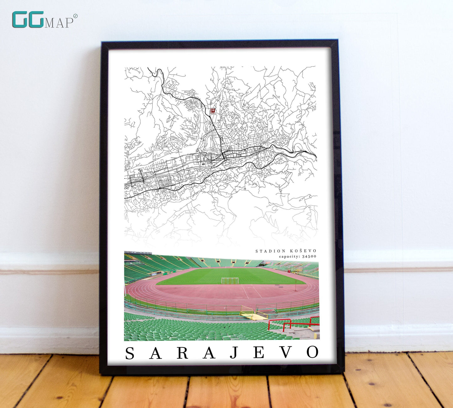 City map of SARAJEVO - Stadion Koševo - Home Decor Stadium Koševo - Wall decor Stadium Koševo - Stadium Koševo gift - Print map