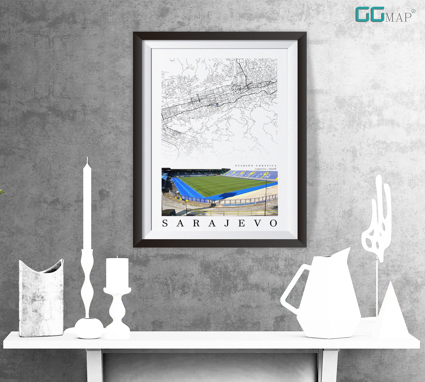 City map of SARAJEVO - Stadion Grbavica - Home Decor Stadium Grbavica - Wall decor Stadium Grbavica - Stadium Grbavica gift - Print map