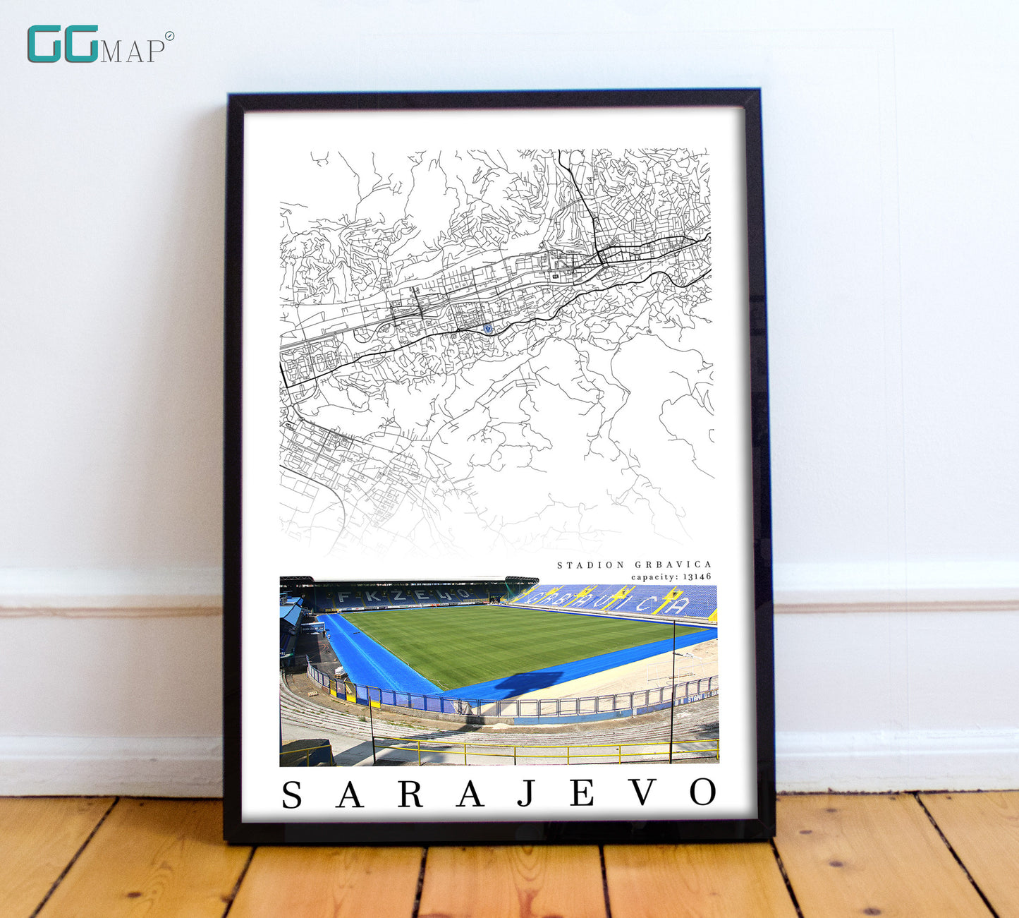 City map of SARAJEVO - Stadion Grbavica - Home Decor Stadium Grbavica - Wall decor Stadium Grbavica - Stadium Grbavica gift - Print map