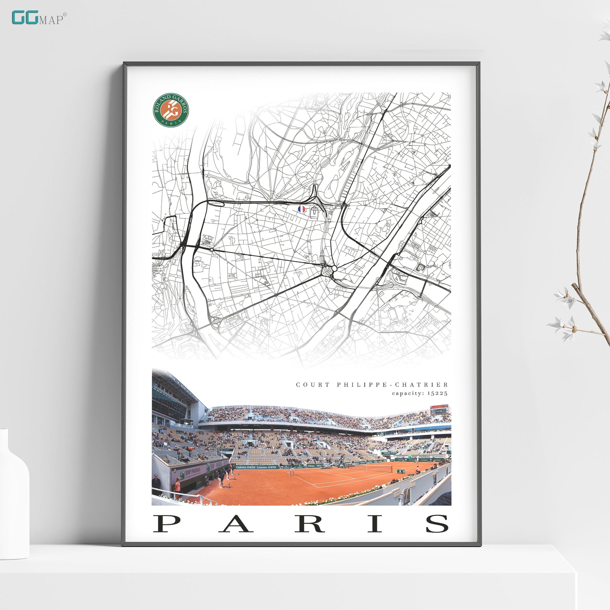 a map of paris on a shelf next to a vase