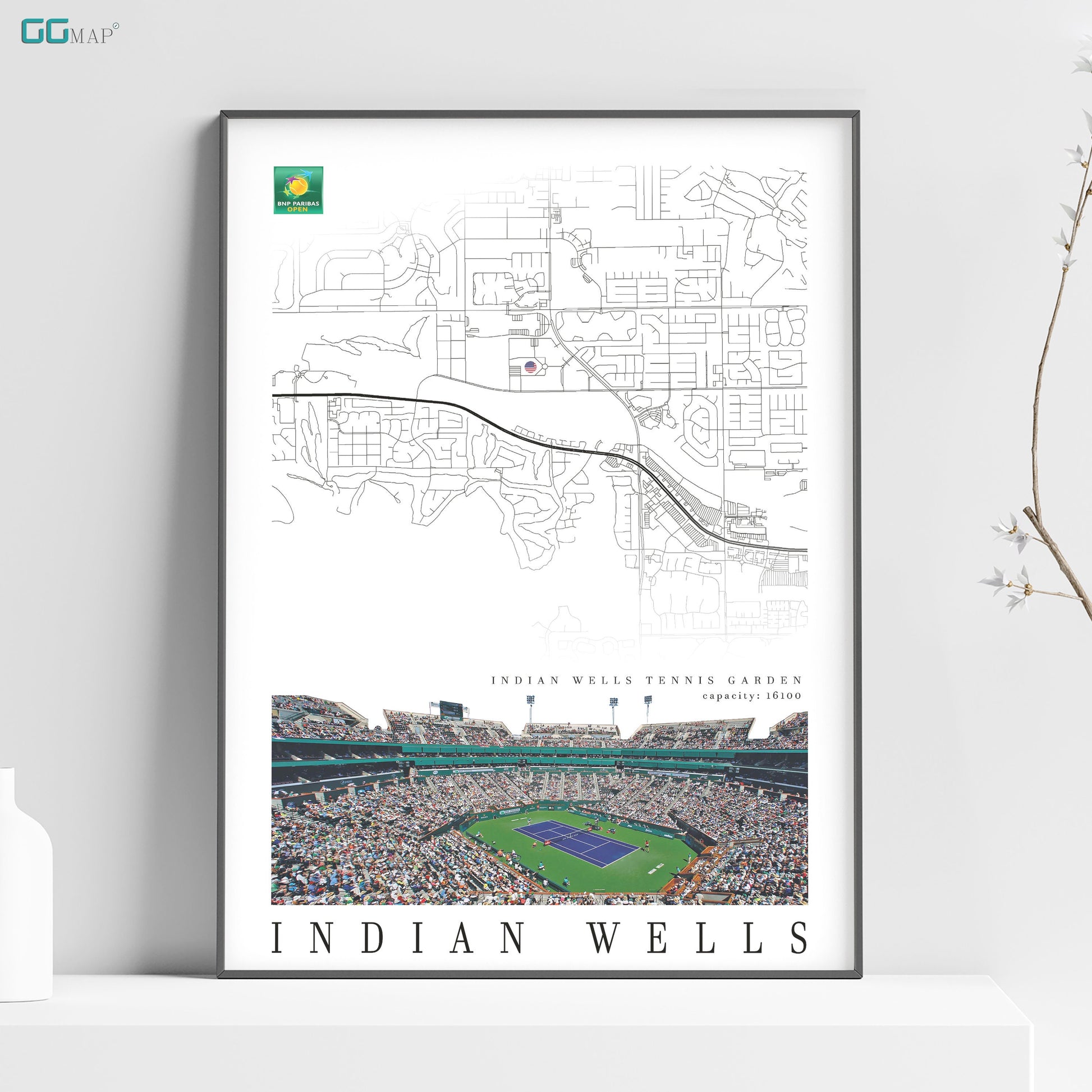 a poster of a baseball stadium with a map of indian wells