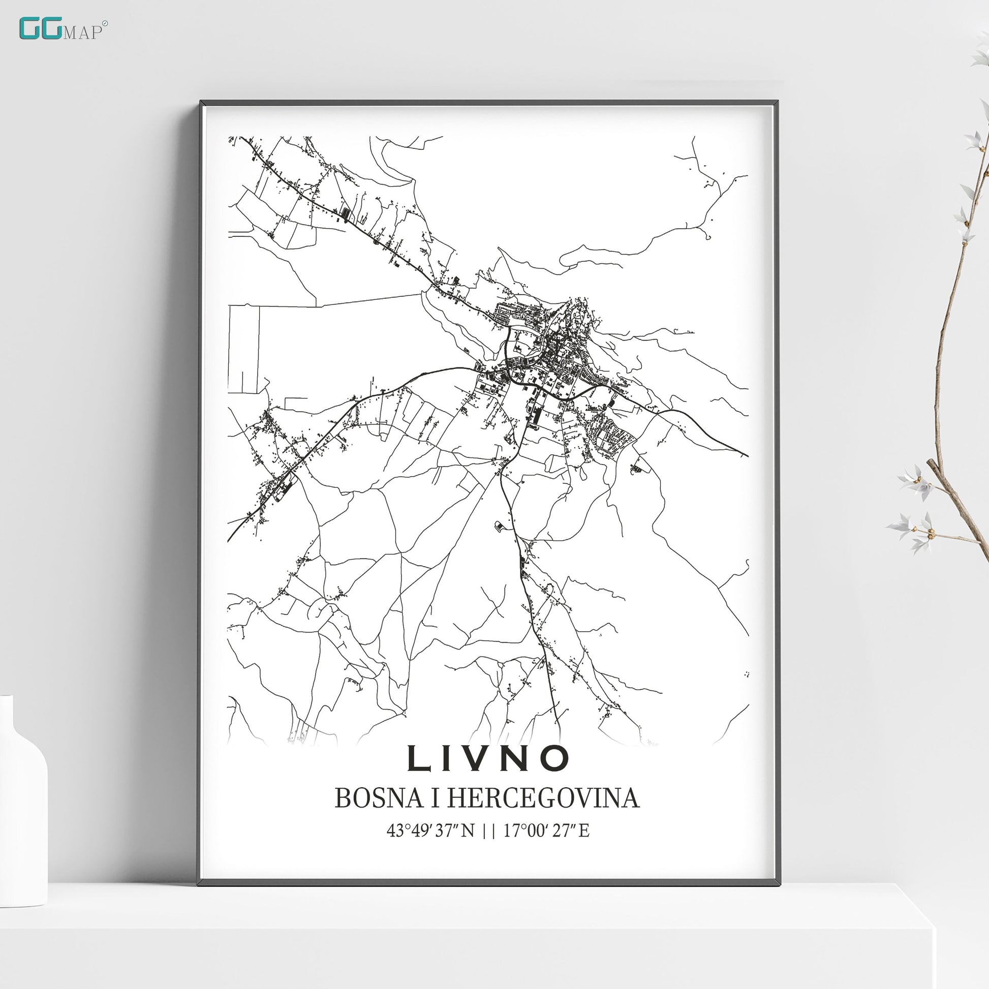 a black and white map of the city of livno