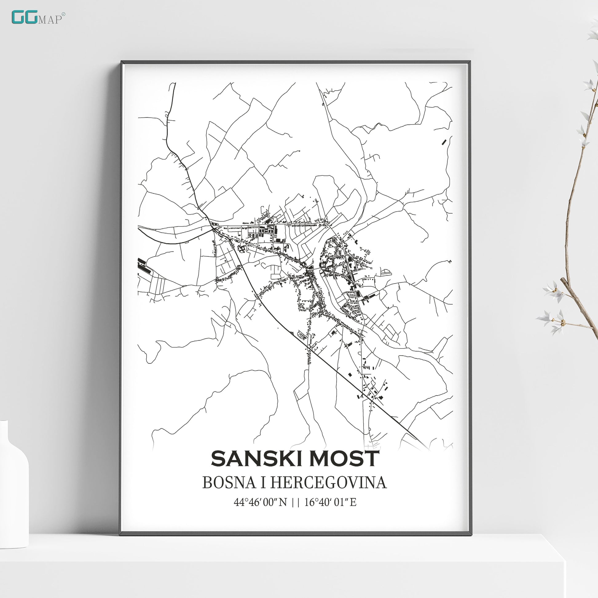 a black and white map of the city of sanski most