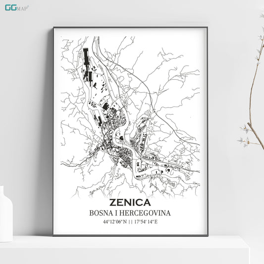 City map of ZENICA - Home Decor - Wall decor - Office map - Travel map - Print map - Poster city map - Zenica map - Map art - Bosnia