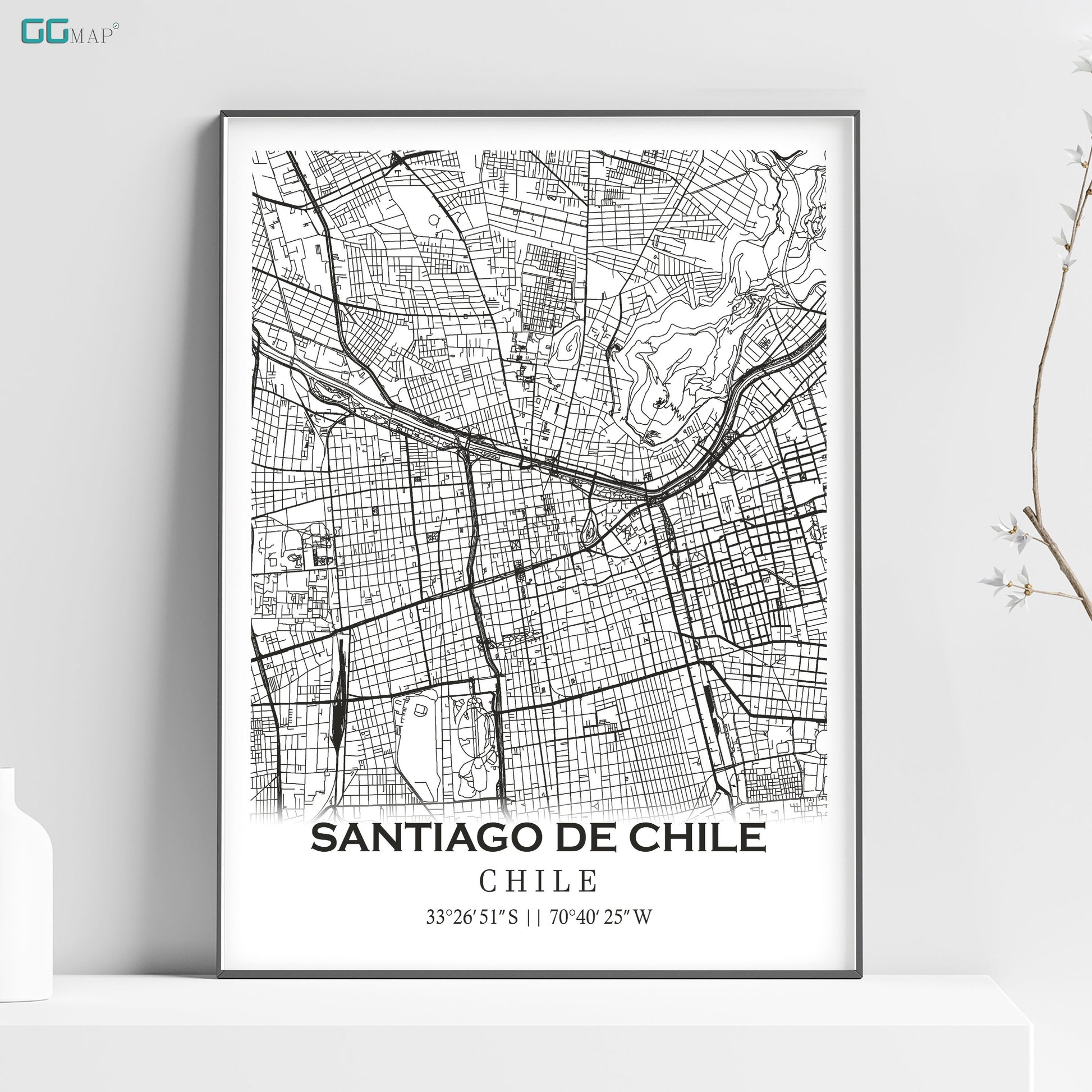 a black and white map of santiago de chile