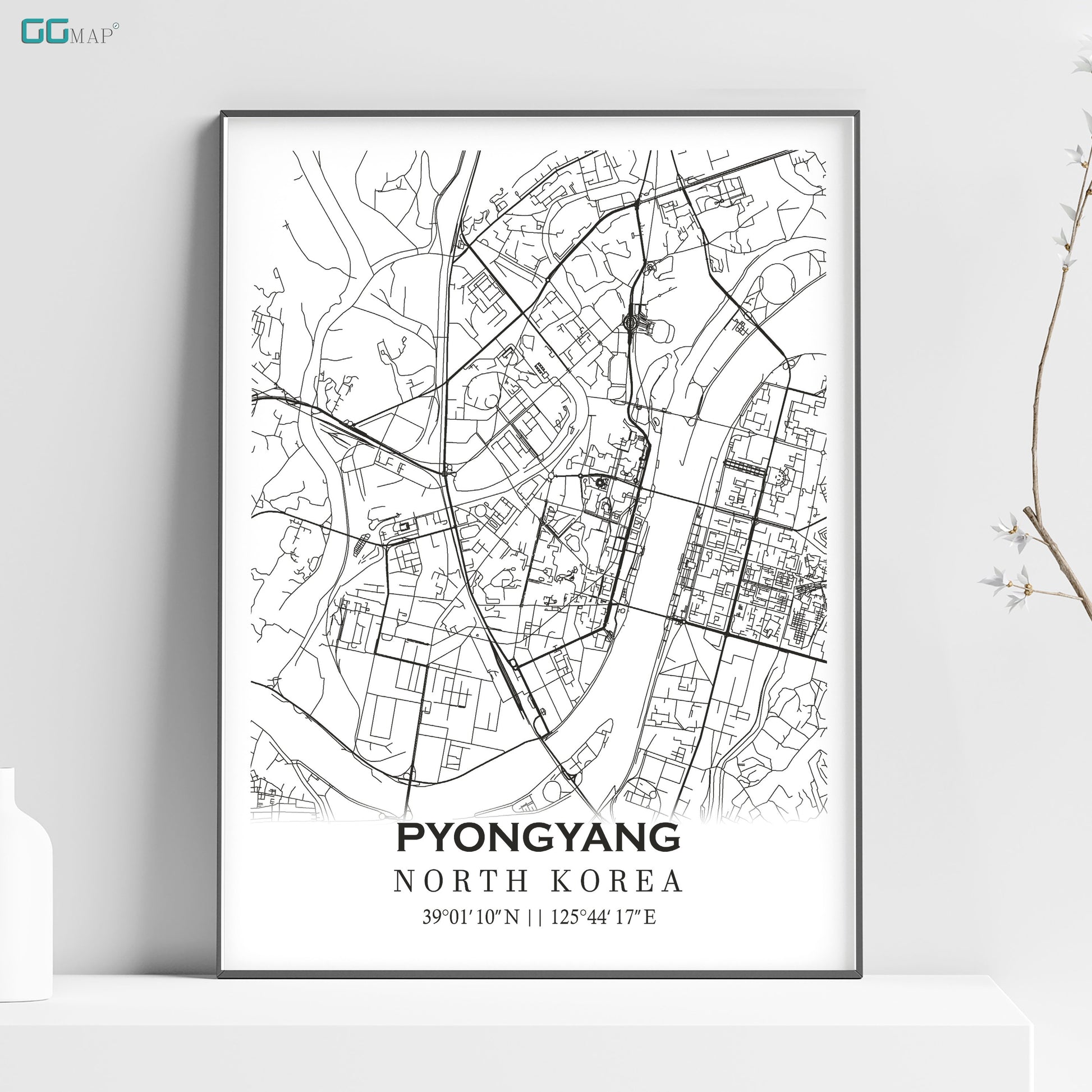 a black and white map of pyong, north korea