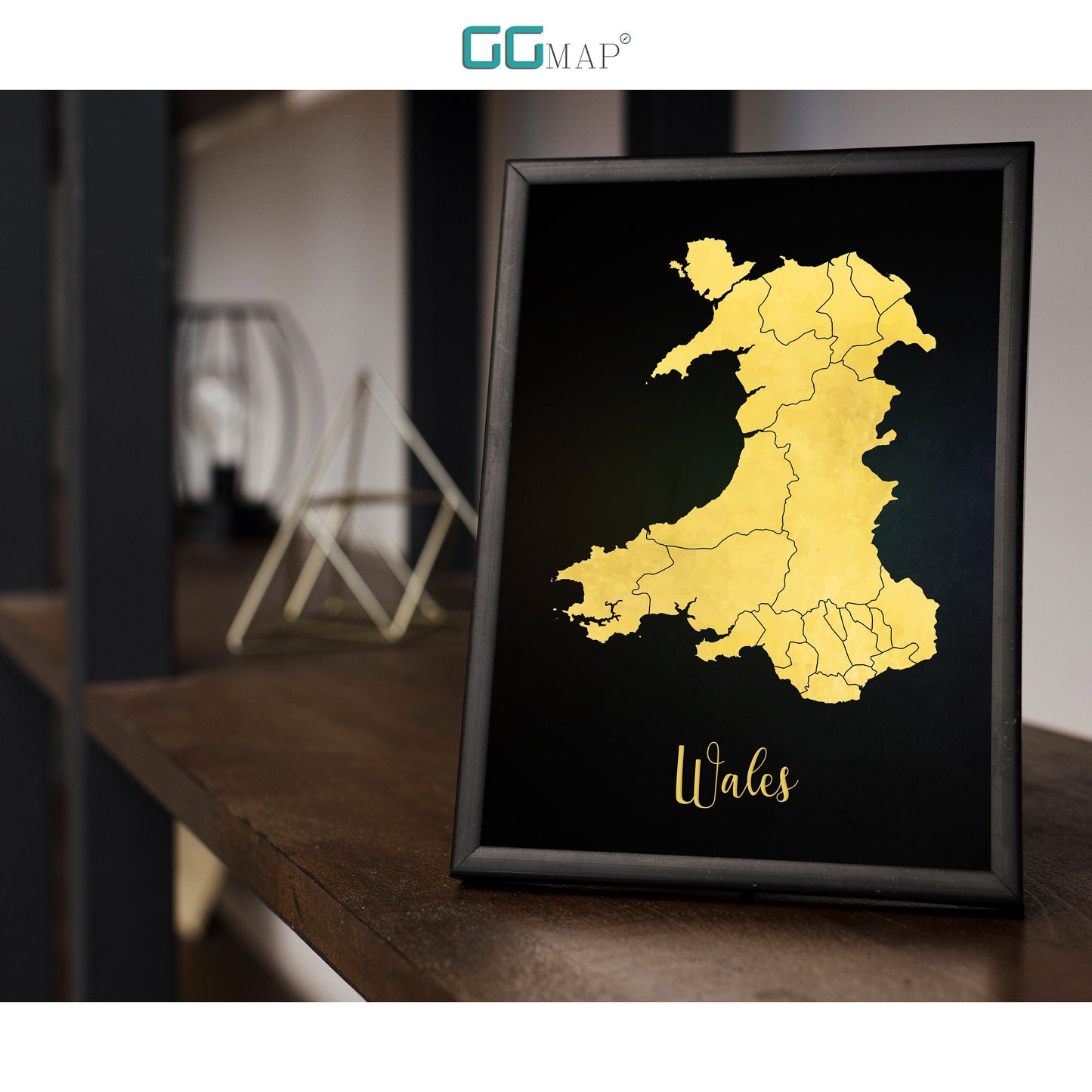 WALES map - Wales gold map - Travel poster - Home Decor - Wall decor - Office map - Wales gift - GeoGIS studio