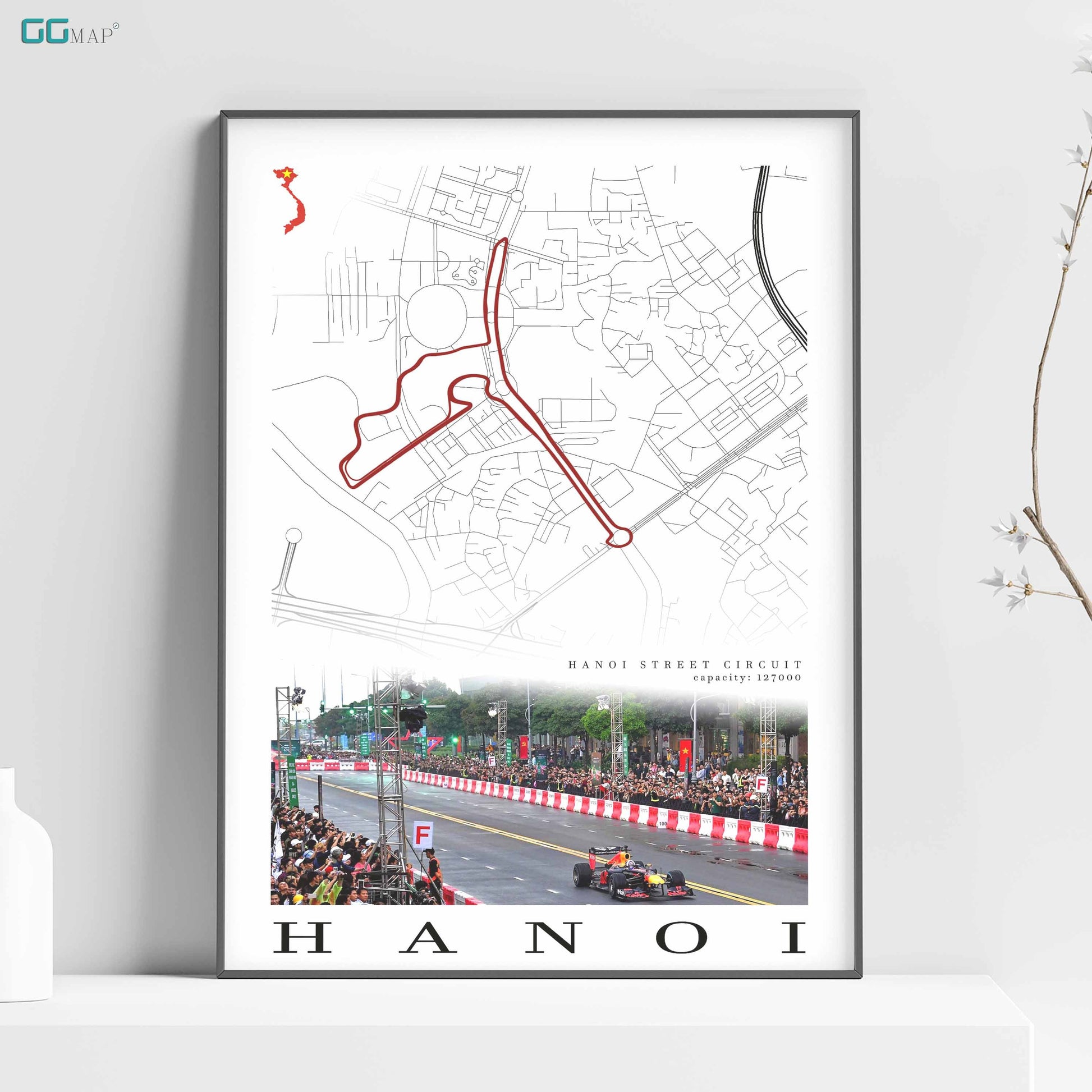 a poster of a race track with a map of the course