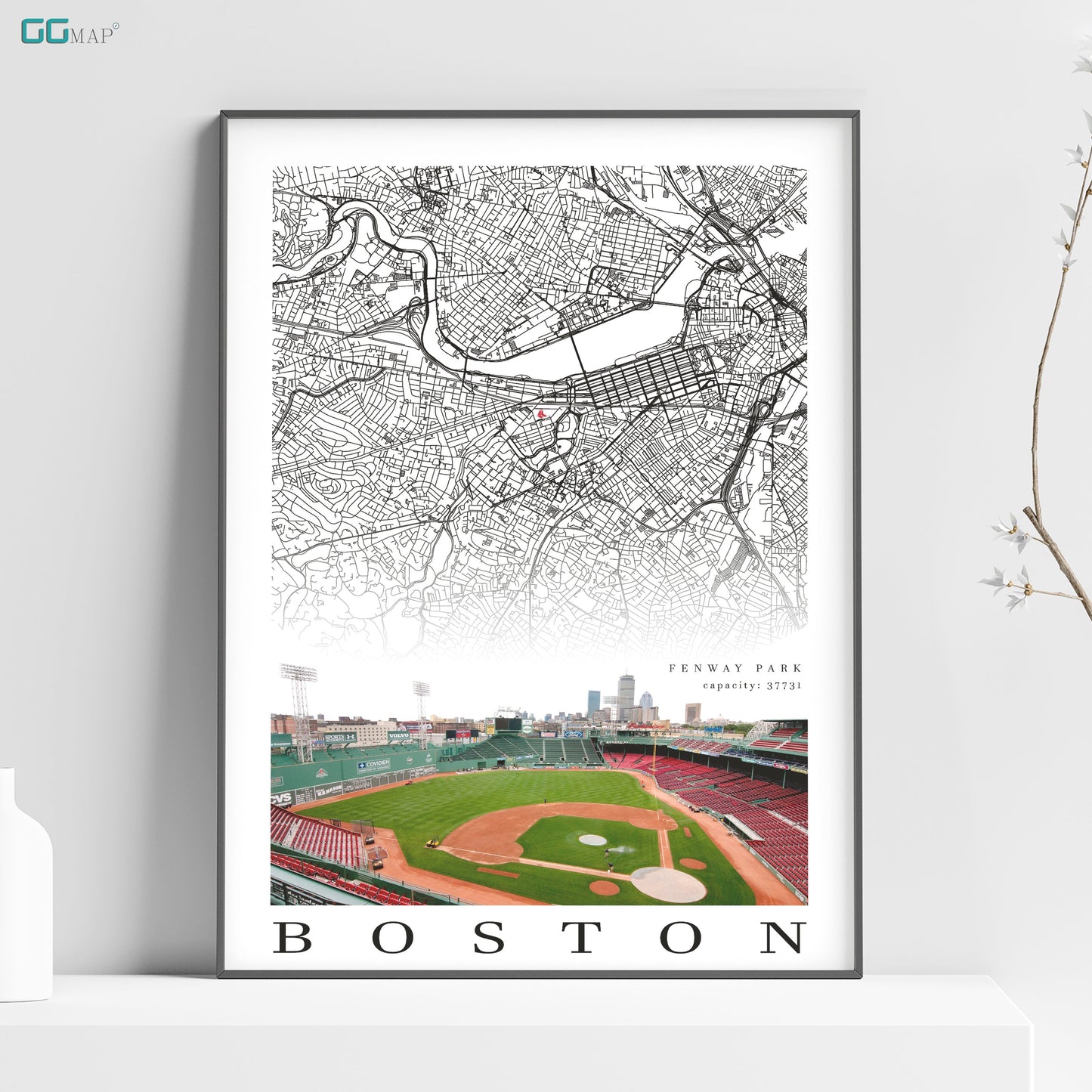 a map of boston with a baseball field in the background