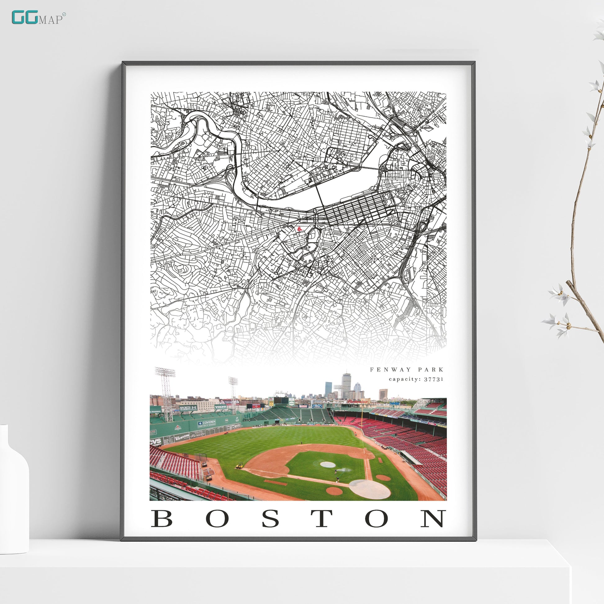 a map of boston with a baseball field in the background