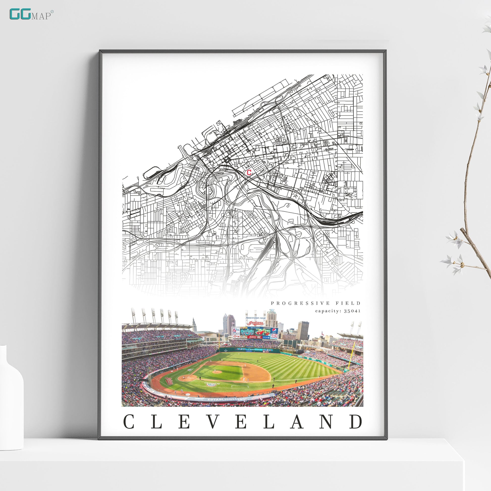 a poster of a baseball field with a map of cleveland