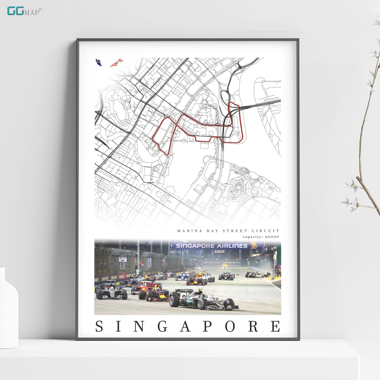 a poster of a race track with a map of singapore