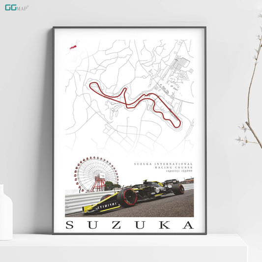 a poster of a race car driving down a track