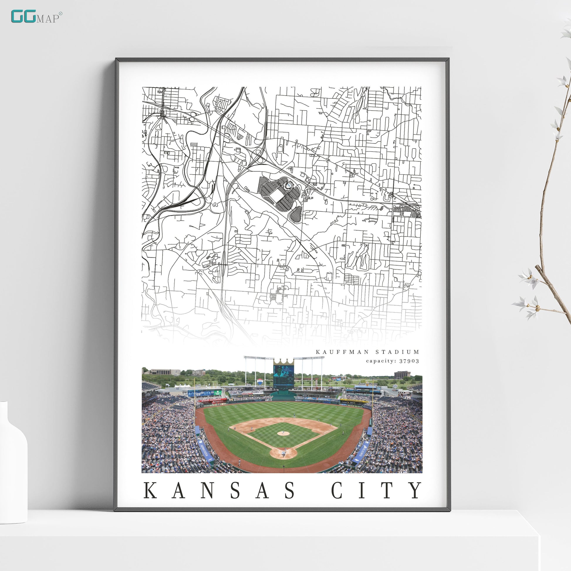 a map of kansas city with a baseball field in the background