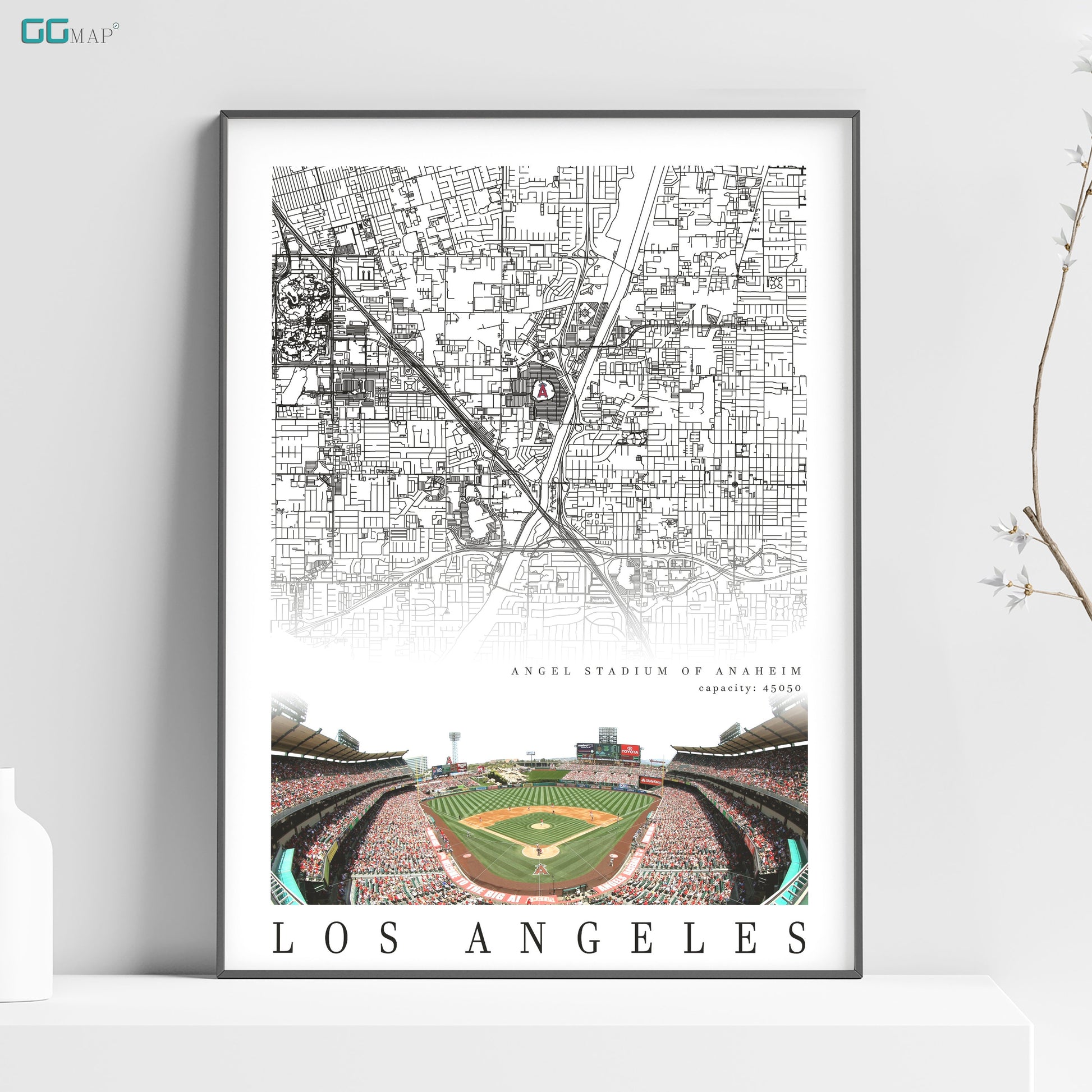 a poster of a baseball stadium with a map of los angeles