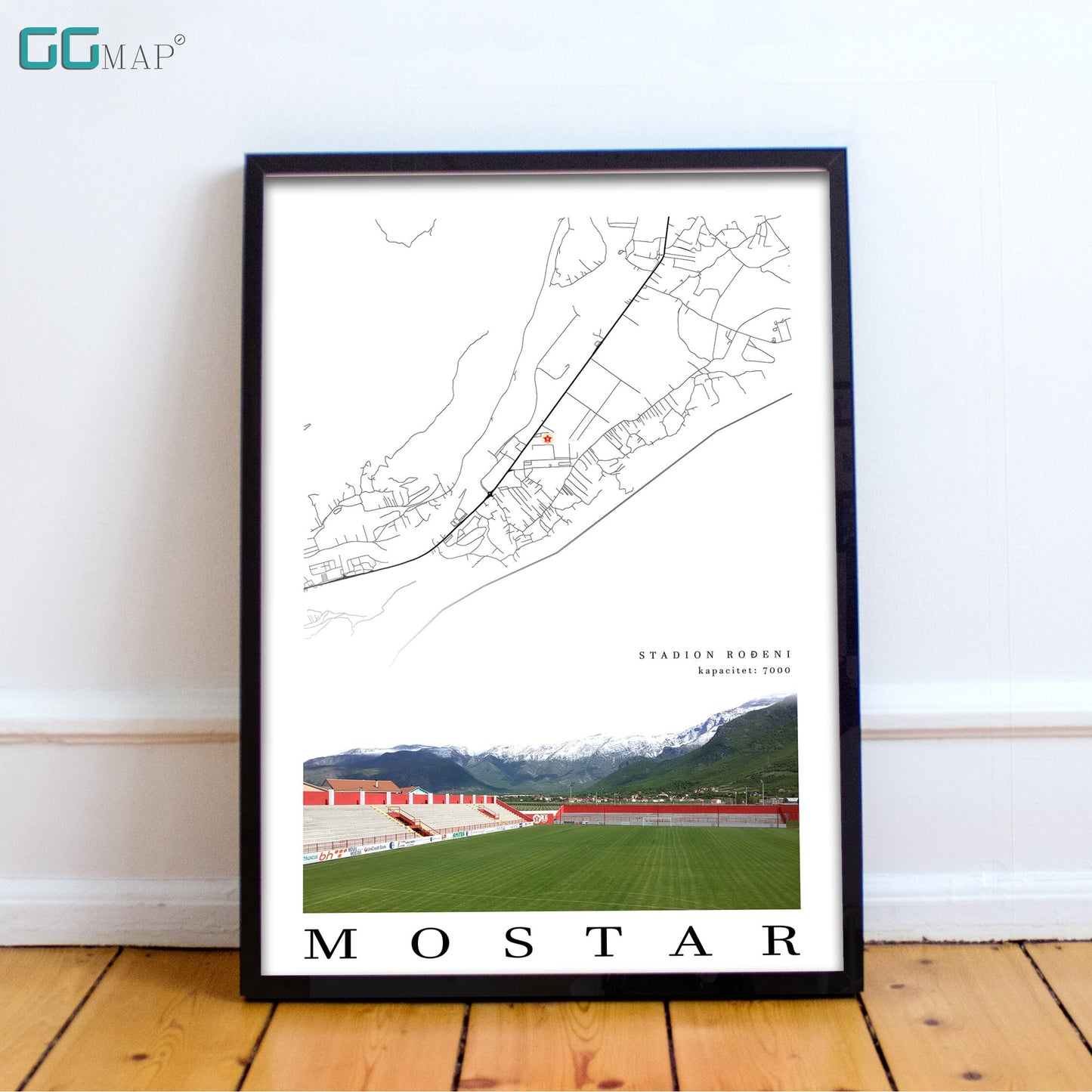 City map of MOSTAR - Stadium Roeni - Home Decor Mostar - Stadium Roeni wall decor - Mostar stadium - Stadium Roeni gift - Print map