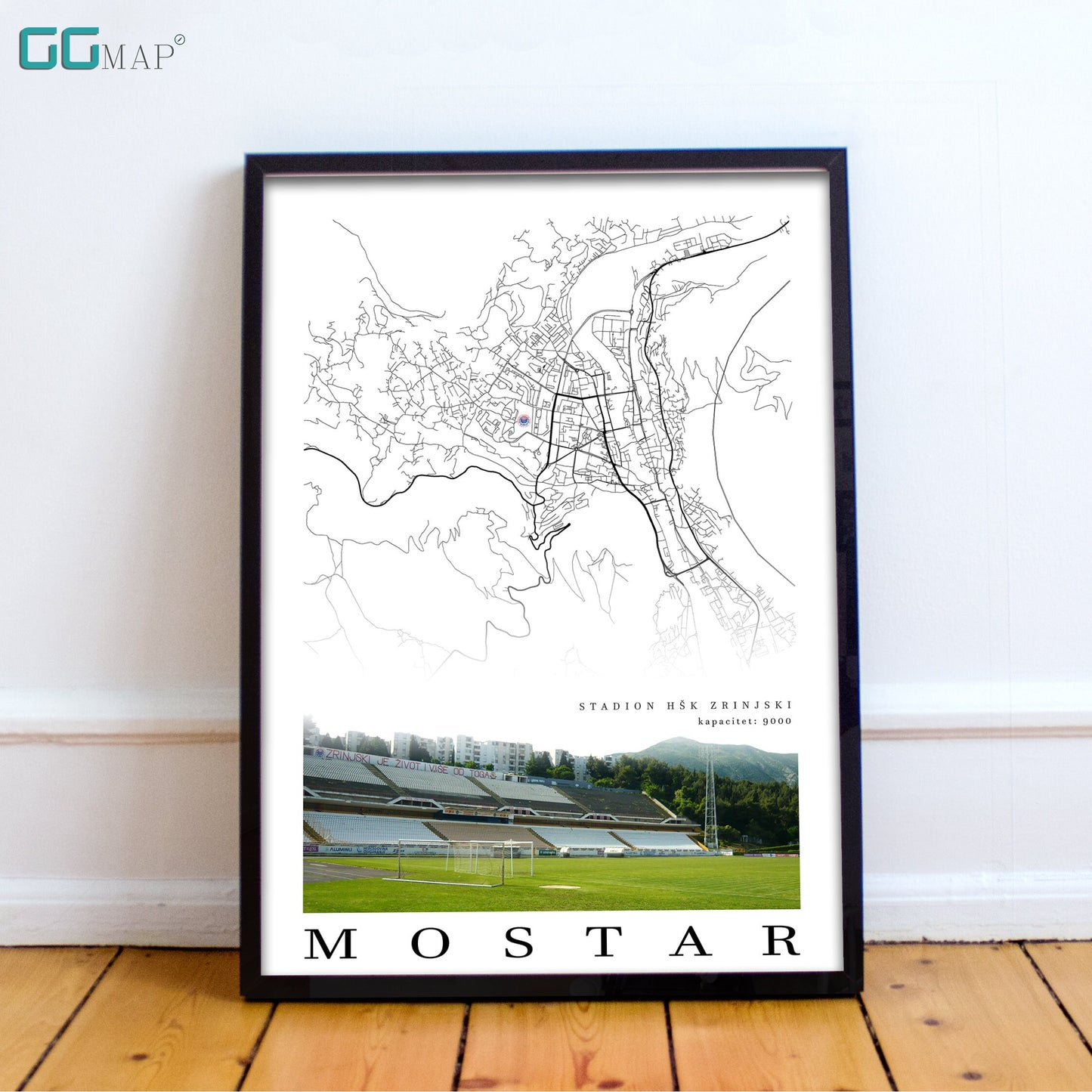 City map of MOSTAR - HŠK Zrinjski Stadium - Home Decor Mostar - Mostar wall decor - Mostar stadium - Mostar gift - Print map