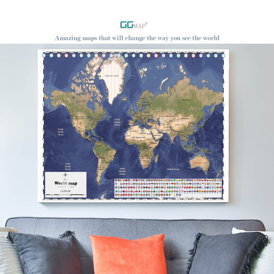 a map of the world hanging on a wall