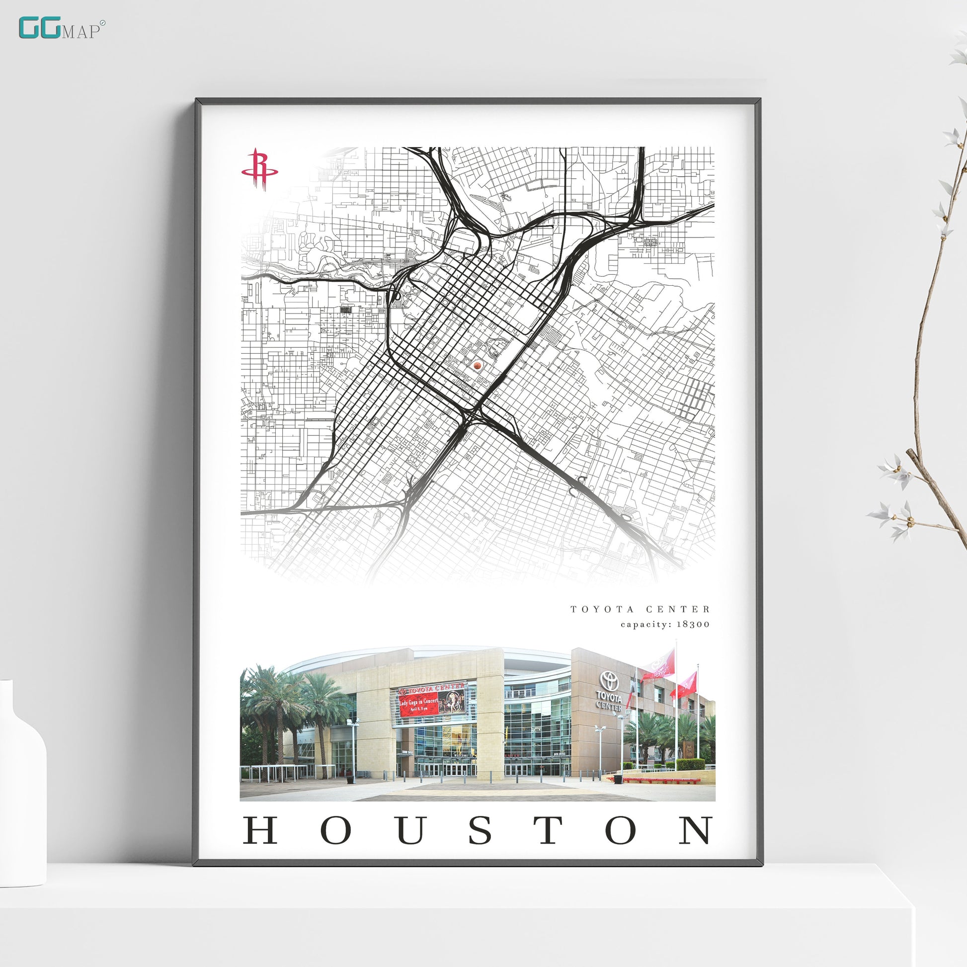 a white poster with a map of houston on it