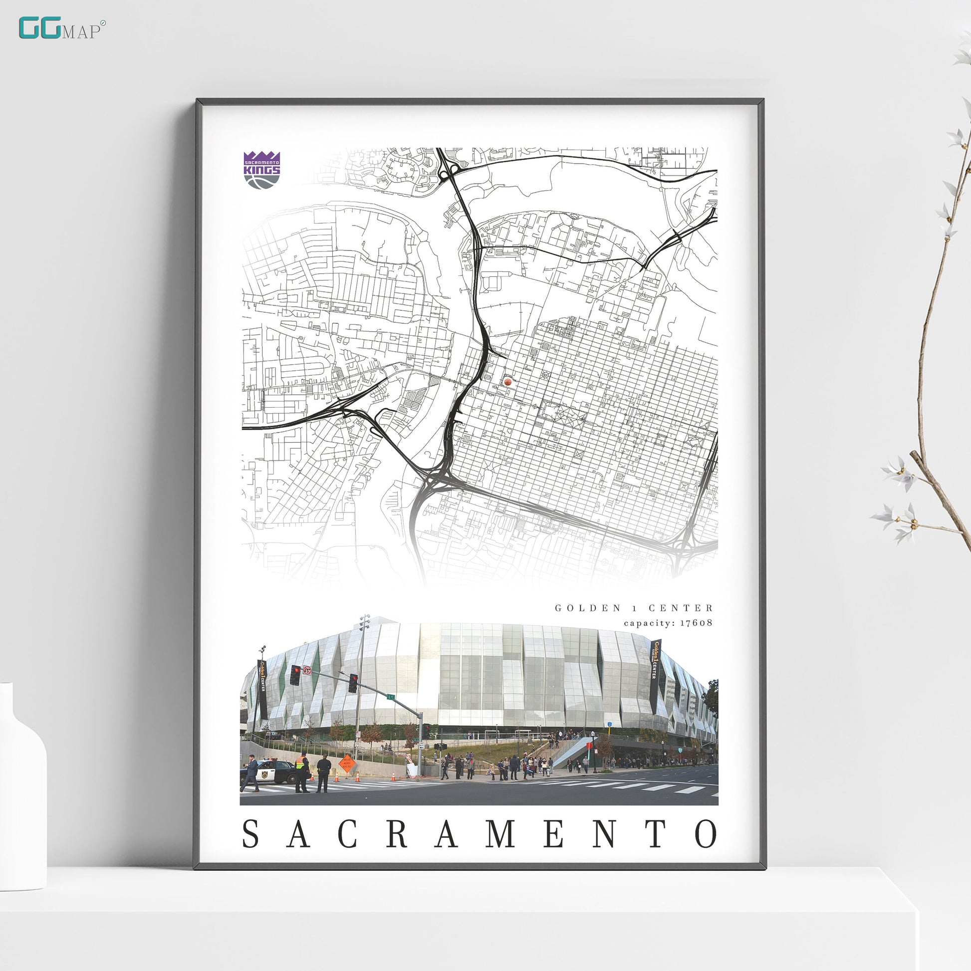 a white poster with a map of sacramento on it