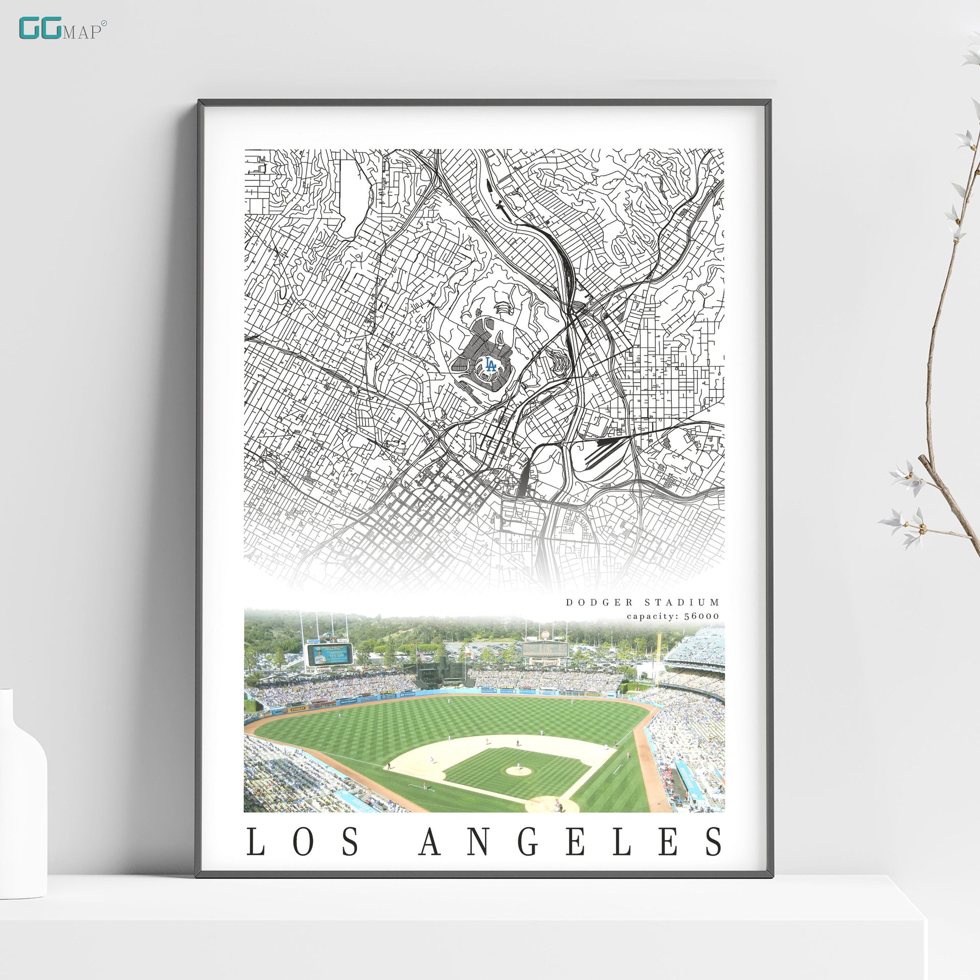 a map of los angeles with a baseball field in the background