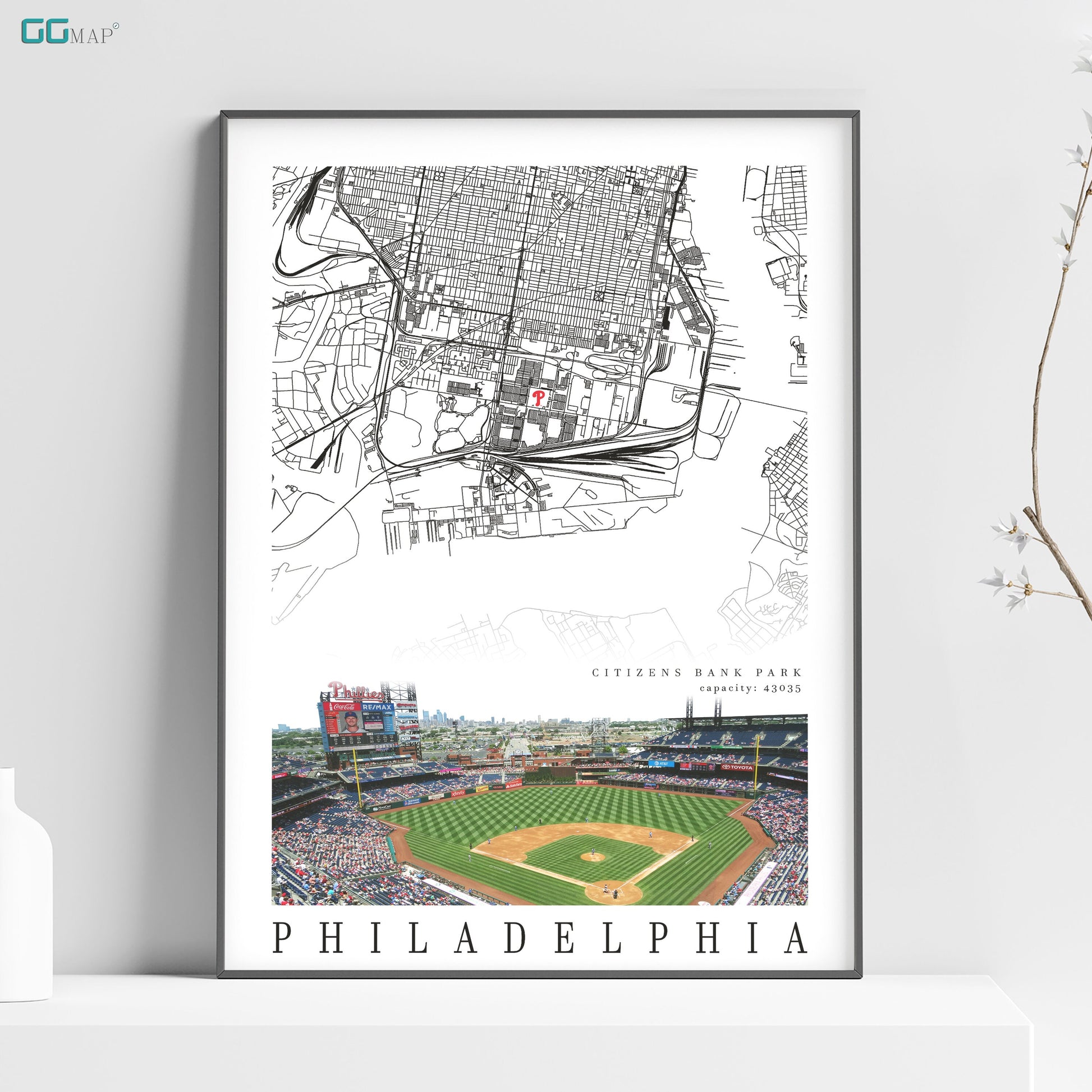 a baseball field with a map of philadelphia