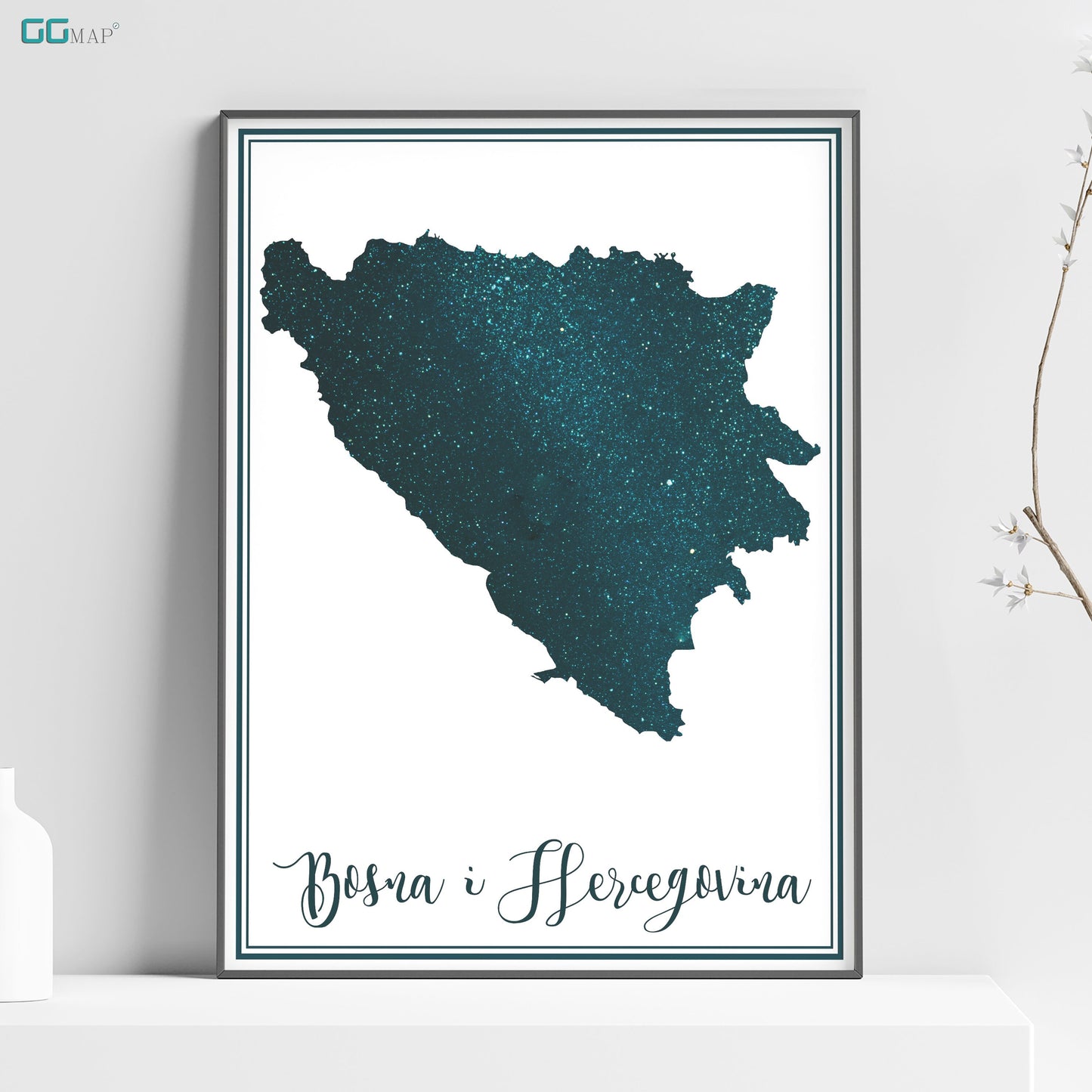 a poster with the name and shape of the state of Bosnia