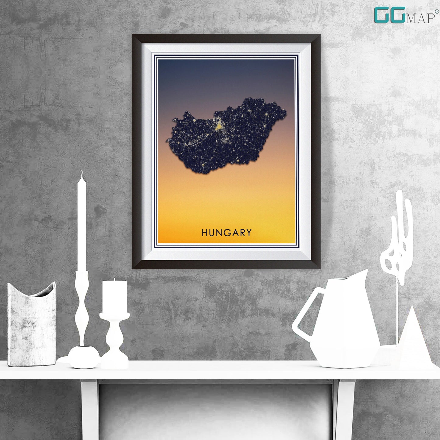 HUNGARY map - Hungary sunset map - Travel poster - Home Decor - Wall decor - Office map - Hungary gift - GGmap - Magyarország map