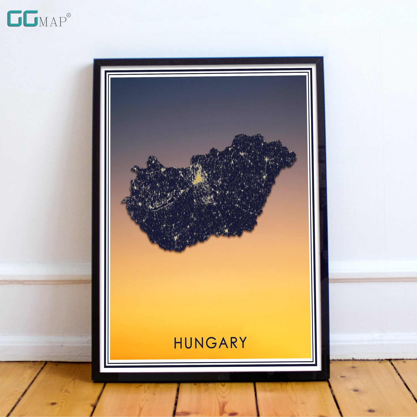 HUNGARY map - Hungary sunset map - Travel poster - Home Decor - Wall decor - Office map - Hungary gift - GGmap - Magyarország map