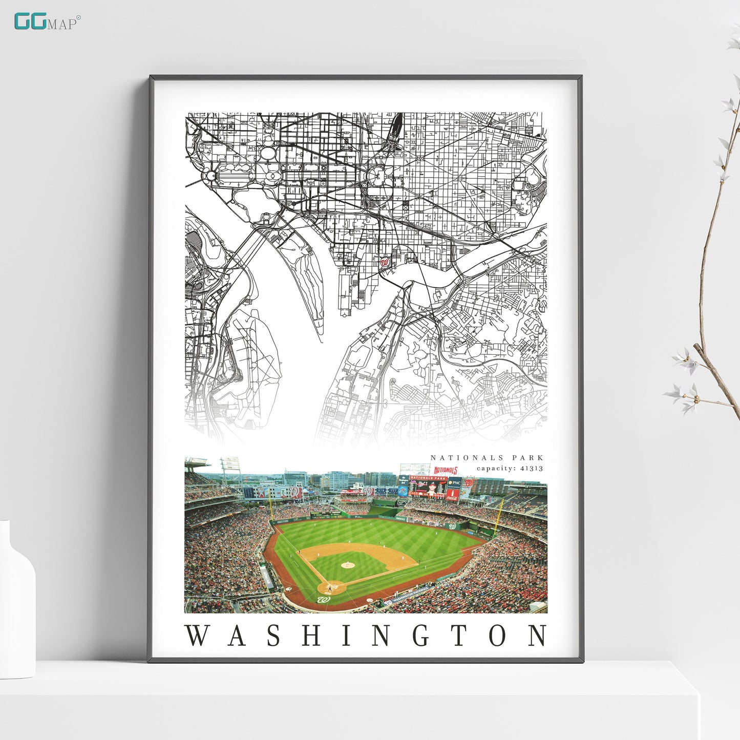 a poster of a baseball stadium with a map of washington