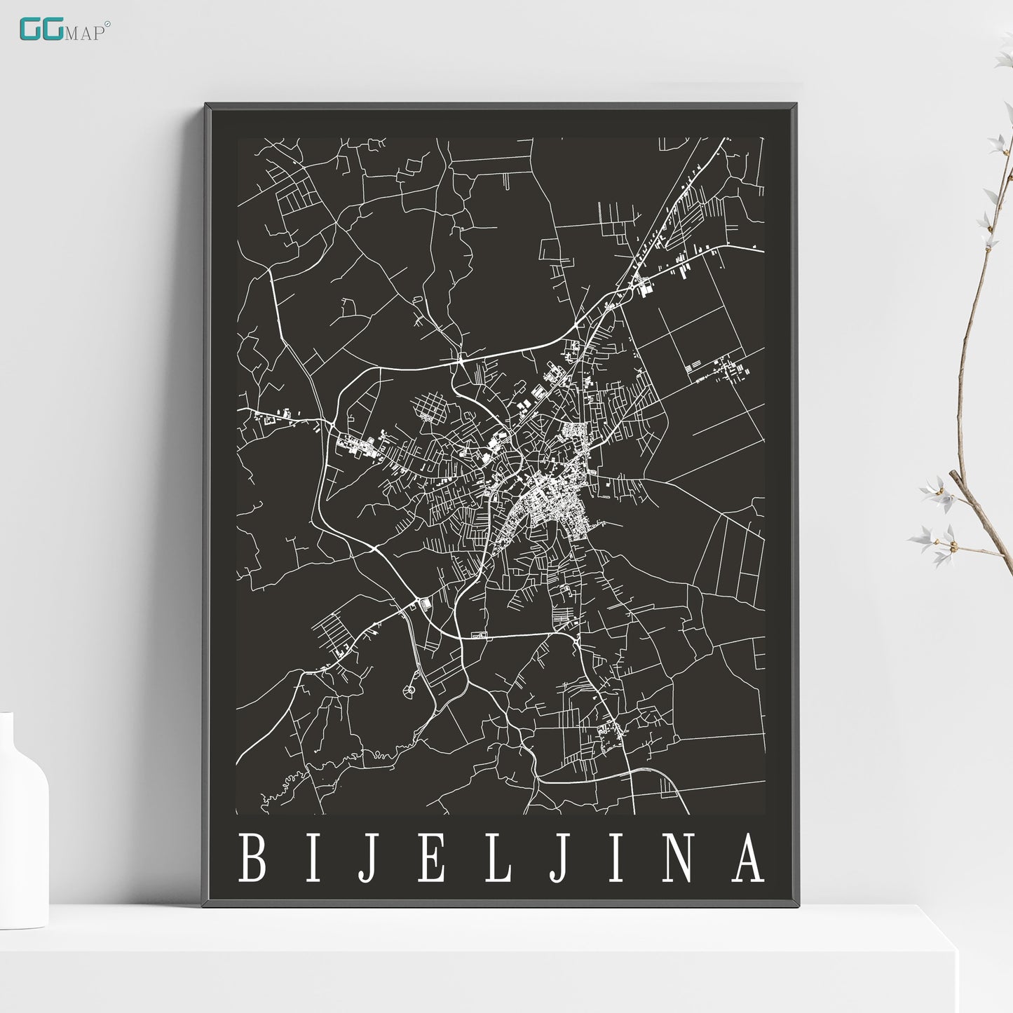 a black and white map of the city of bijellina