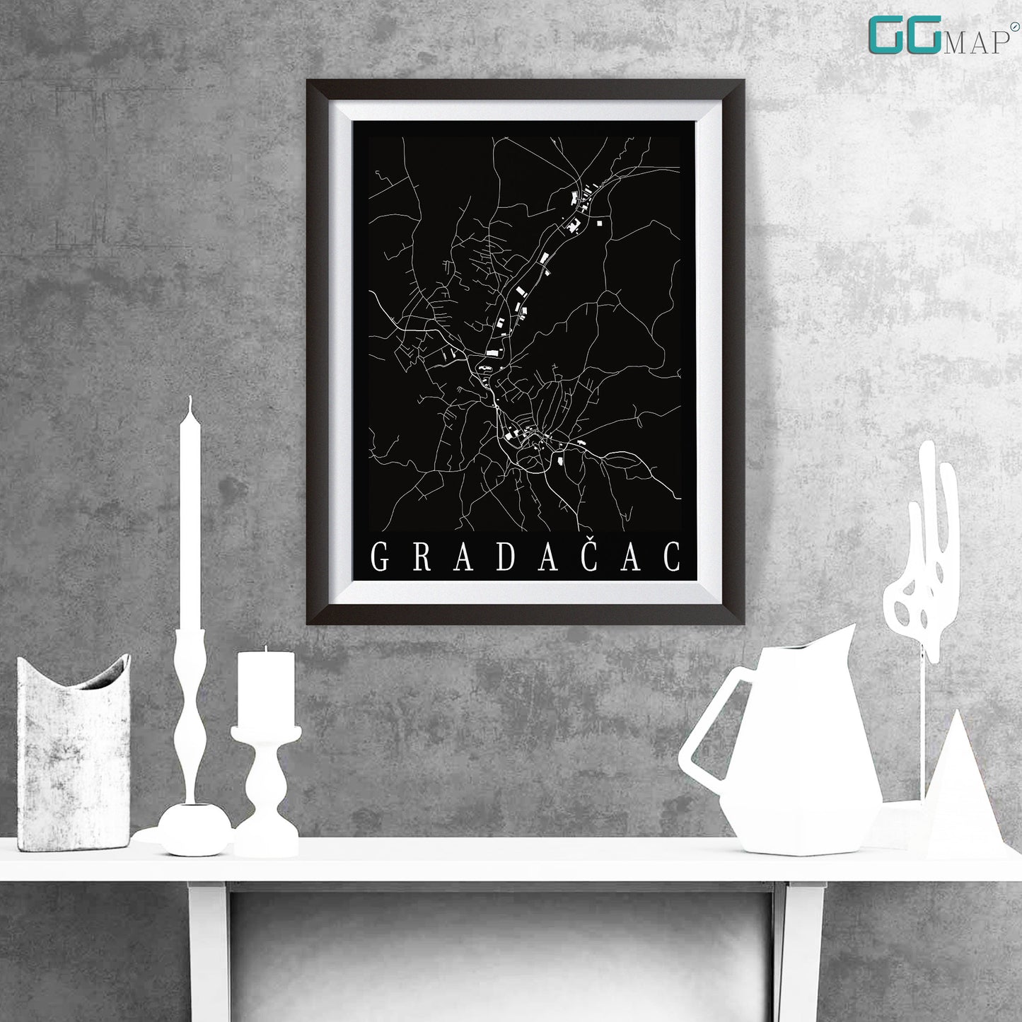 City map of GRADAČAC - Home Decor - Wall decor - Office map - Travel map - Print map - Poster city map - Gradačac black map - GeoGIS Studio