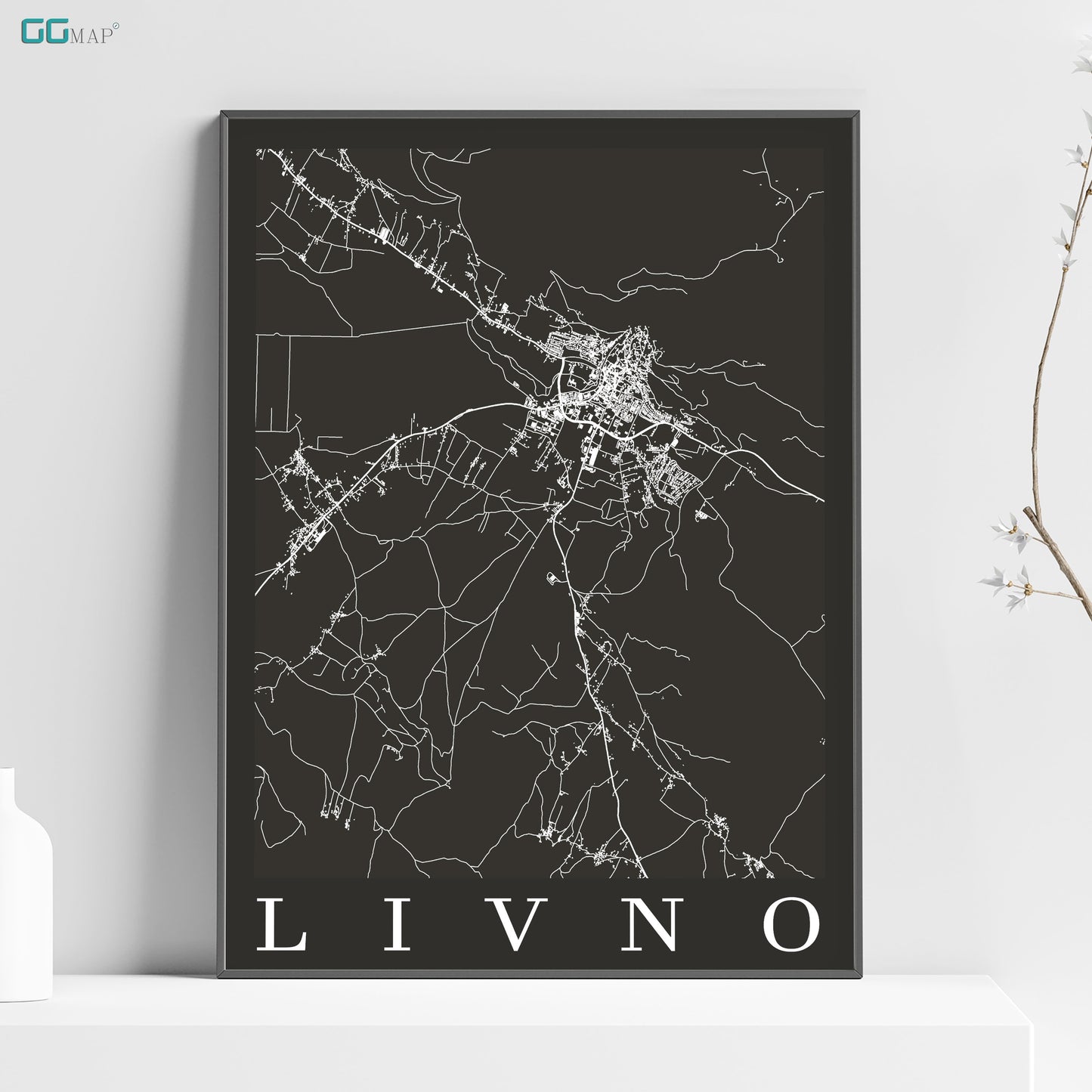 a black and white poster with a map of livvno