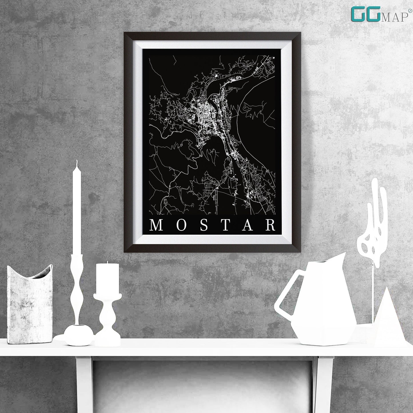 City map of MOSTAR - Home Decor - Wall decor - Office map - Travel map - Print map - Poster city map - Mostar black map - GeoGIS Studio