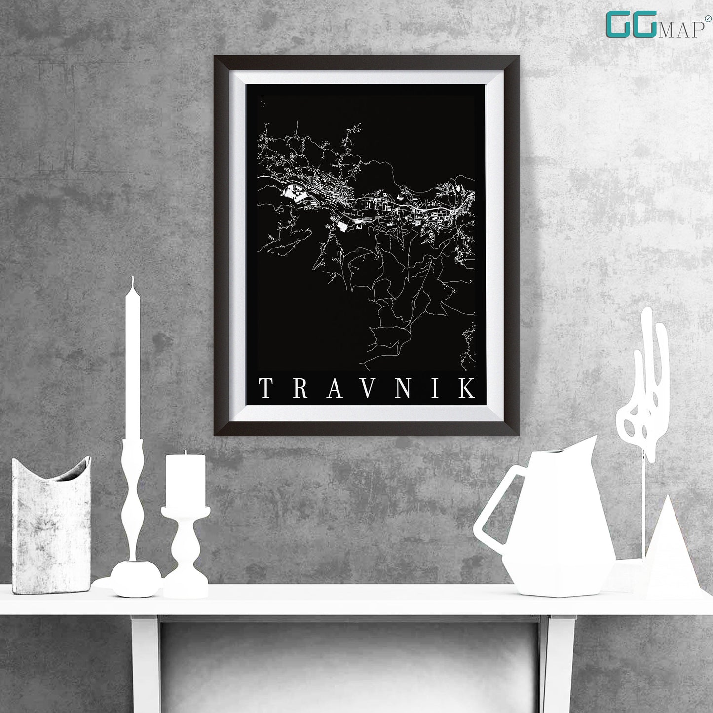 City map of TRAVNIK - Home Decor - Wall decor - Office map - Travel map - Print map - Poster city map - Travnik black map - GeoGIS Studio