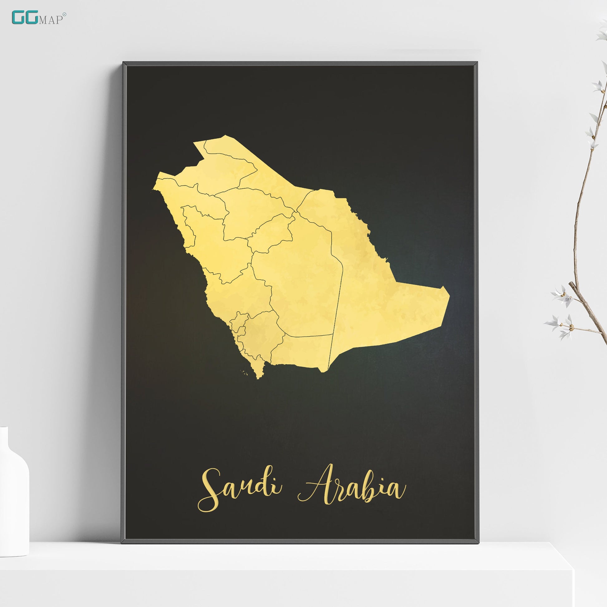 a black and yellow poster with a map of the country of saudi arabia