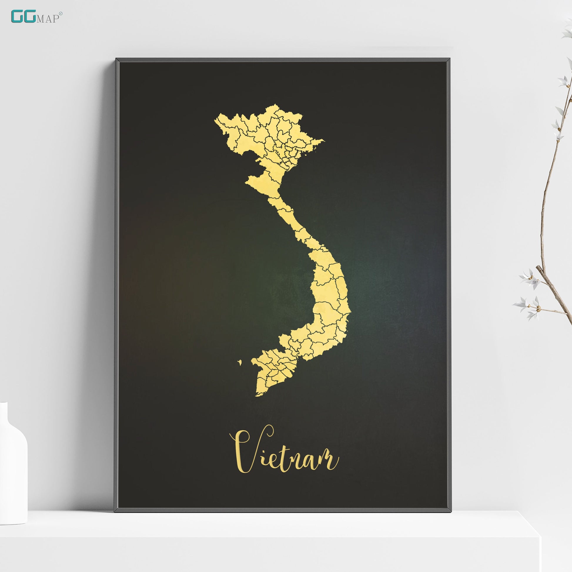 a black and yellow map of vietnam on a shelf