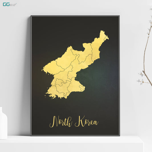 a black and yellow poster with a map of north korea