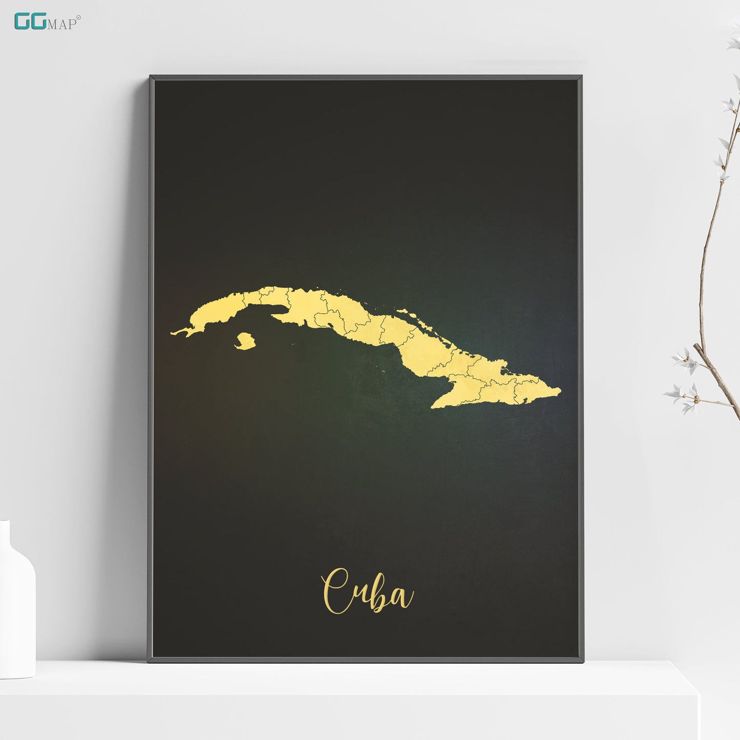 a black poster with a gold outline of the state of cuba