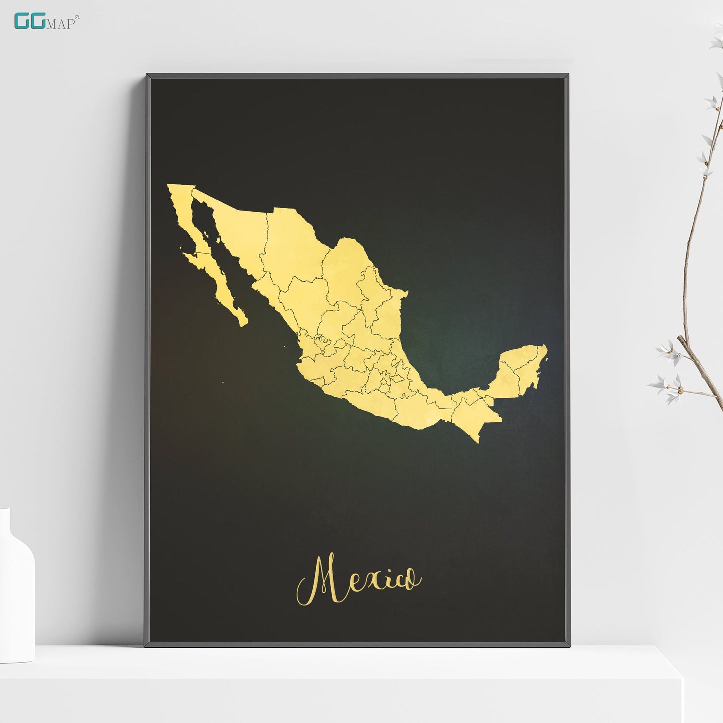 a black and gold map of mexico with the name