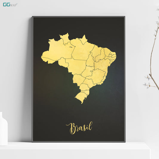 a black and yellow map of brazil on a shelf