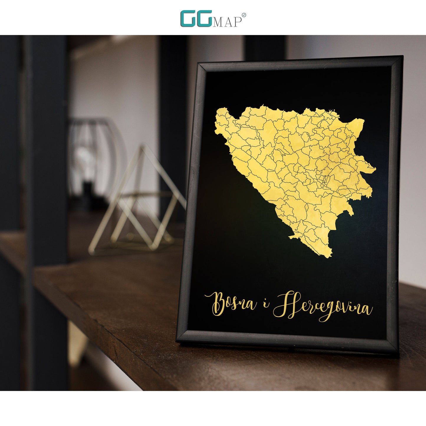 BOSNA I HERCEGOVINA map - Bosna i Hercegovina gold map - Travel poster - Home Decor - Wall decor - Office map - GeoGIS studio