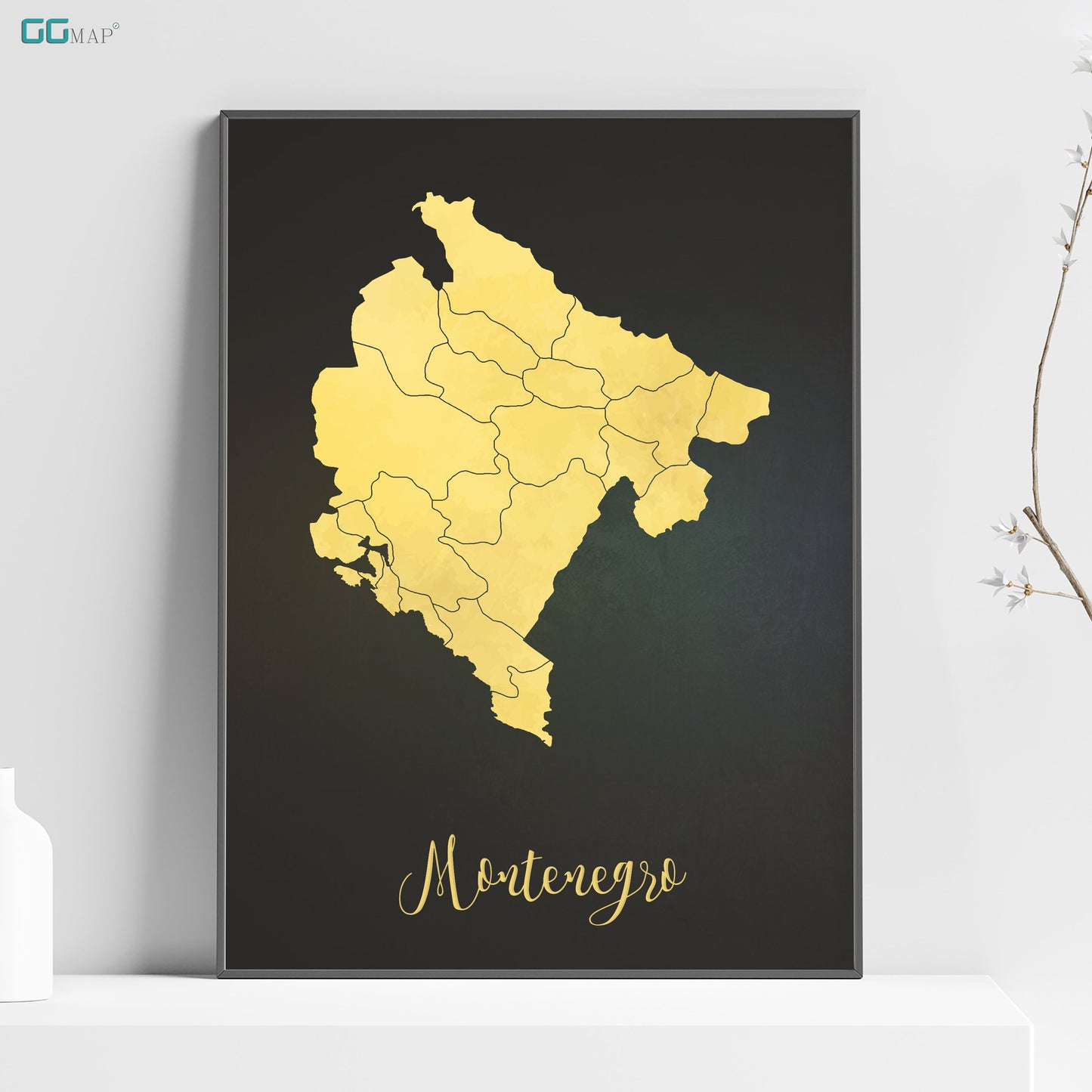 a black and yellow map of the state of montenegro