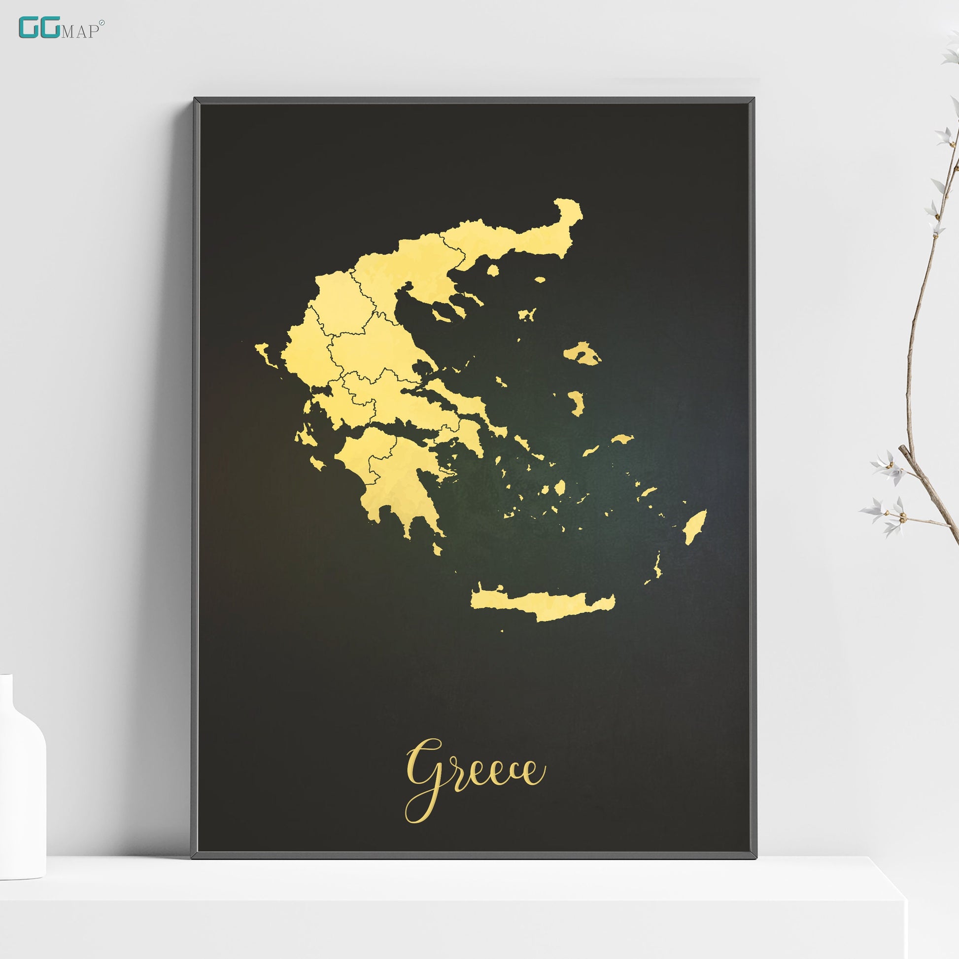 a black poster with a gold map of greece