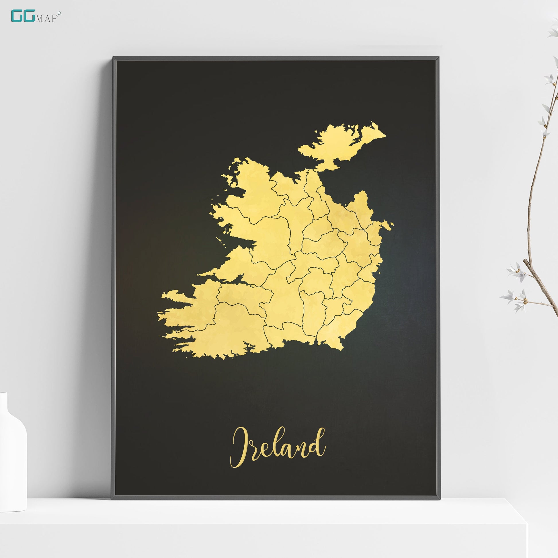 a black and yellow poster with a gold map of iceland