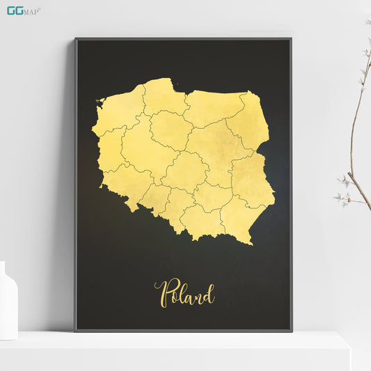 a black and yellow map of poland on a shelf